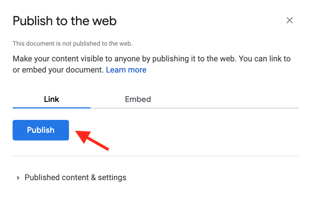 The Publish to web popup in Google Docs.